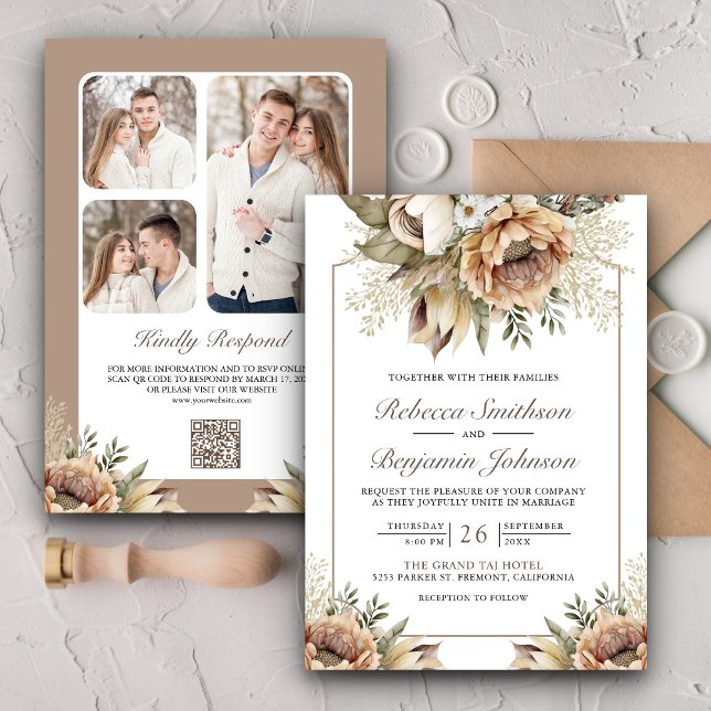 Convite Boho Neutral Terrestre Floral Código QR Casamento (Criador carregado)