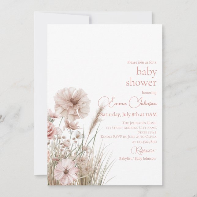 Convite Boho Neutral Wildflower Baby Shower Invitation (Frente)