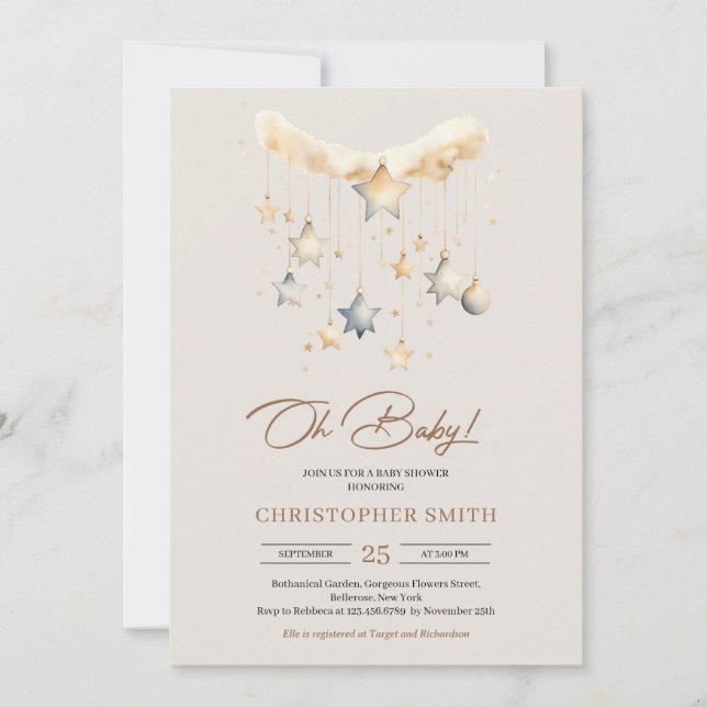 Convite Boho neutro em cobre e brinquedos para bebês enfer (Frente)