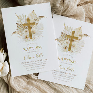Convite Boho Neutro Seco Palma Floral Batismo e Batizado