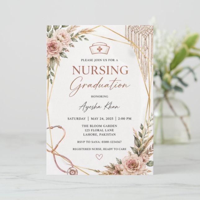 Convite Boho Nursing Graduation Invitation with Stethoscop (Em pé/Frente)