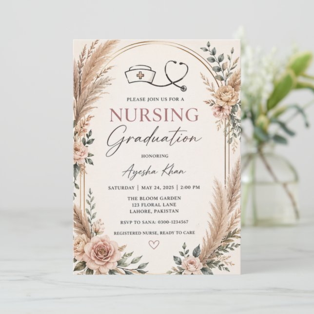 Convite Boho Nursing Graduation Invitation with Stethoscop (Em pé/Frente)
