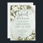 Convite Boho Olive foliage rosas brancas Doce dezesseis<br><div class="desc">Boho Olive foliage rosas brancas Doce 16 convites Esta charmosa design é perfeita para todos os eventos do estilo boho ou rústico. Design apresenta-se a aquarela pintada manualmente folhagem de oliveira em folha misturada ramos de oliveiras misturadas rosas brancas flores e guincho tecidos em moldura geométrica falsa de ouro e...</div>