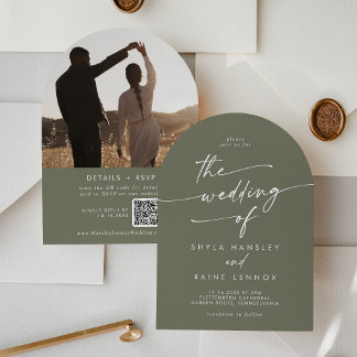 Convite Boho Olive Green Foto: Casamento com código QR