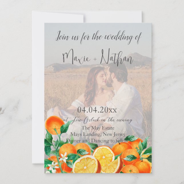 Convite Boho Orange Blossom Foto Código QR Casamento (Frente)