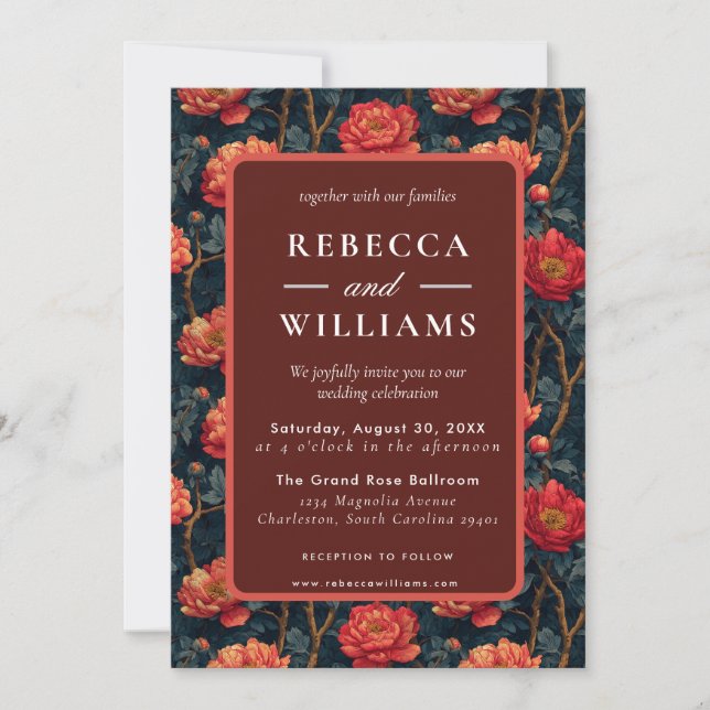 Convite Boho Orange Floral Peonies Wedding Invitation (Frente)
