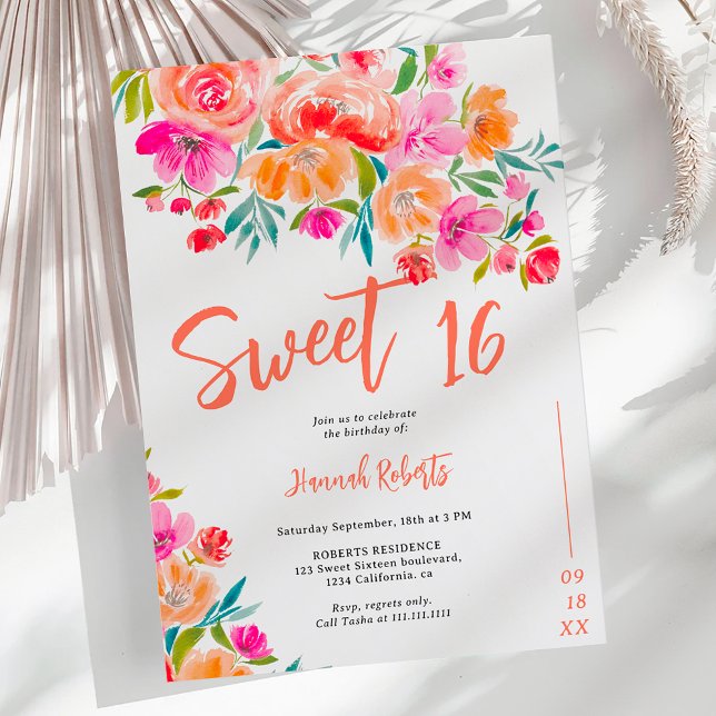 Convite Boho orange floral Sweet 16 anos (Boho orange floral Sweet 16 birthday Invitation)