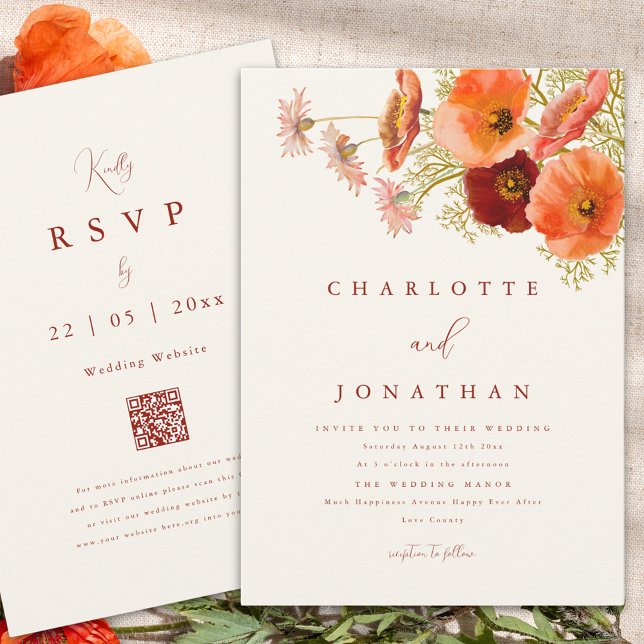 Convite Boho Orange Wildflower Casamento outono (Boho wildflower fall wedding invitation with elegant script and website qr code)