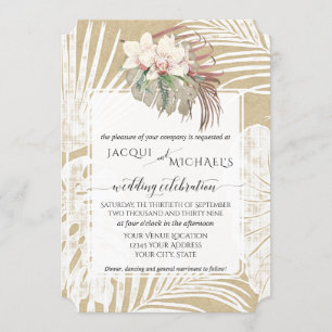 Convite BOHO Orquídea Branca Folhagem Tropical Kraft