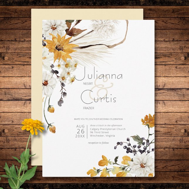 Convite Boho Ouro Amarelo Flores Amarelas Casamento (Boho Golden Yellow Meadow Flowers Yellow Wedding Invitation)