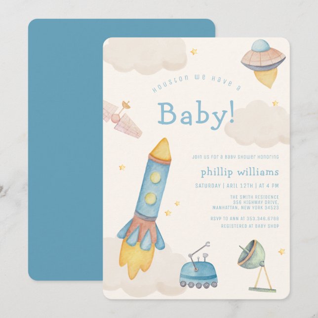 Convite Boho Outer Space Spaceship Rocket Baby Shower (Frente/Verso)
