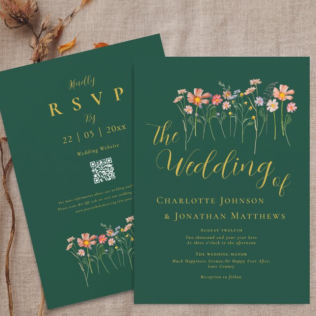 Convite Boho Outono Código QR Flor Silvestre Verde Dourado (Boho fall rustic Wildflower meadow dark emerald green gold terracotta rust Wedding qr code invite)