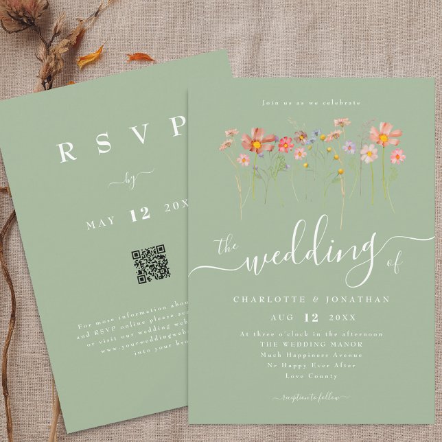 Convite Boho Outono Código QR Flor Silvestre Verde Salvia  (Boho fall Wildflower floral sage green Wedding qr code invitation Elegant modern script watercolor)