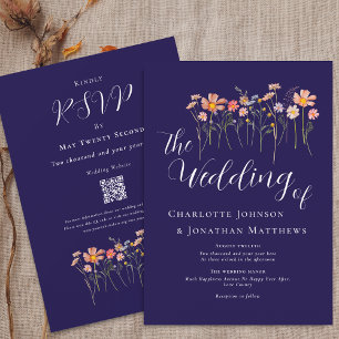 Convite Boho Outono Flor Silvestre Azul Naval Terracota Có