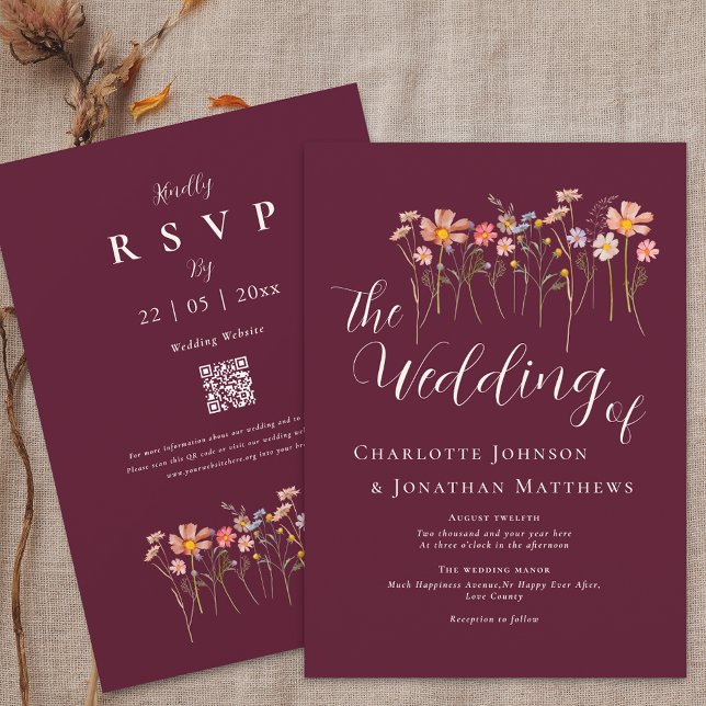 Convite Boho Outono Flor Silvestre Floral Borgonha Código  (Wildflower floral burgundy & ivory cream Wedding qr code invitation watercolor flower meadow elegant)