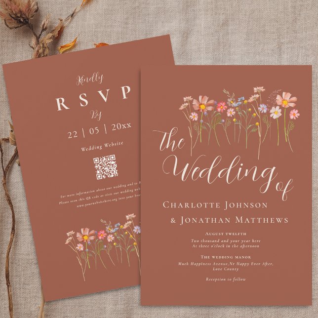 Convite Boho Outono Flor Silvestre Floral Terracota Código (Boho fall Wildflower floral terracotta beige Wedding qr code invitation watercolor flower meadow )