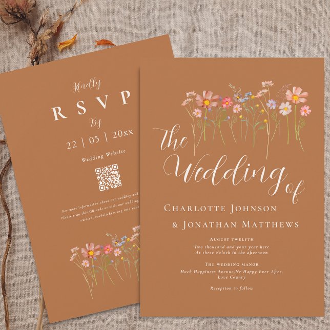Convite Boho Outono Flores Silvestres Açúcar Mascavo Bege  (Boho fall rustic wildflower meadow brown sugar terracotta rust wedding qr code wedding invitation)