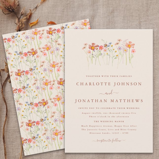 Convite Boho Outono Flores Silvestres Bege Terracota Casam (Boho fall Wildflower meadow rustic floral beige terracotta Wedding invitation elegant script)