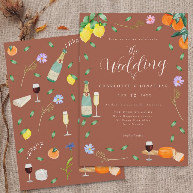 Convite Boho Outono Flores Silvestres Citrino Terracota Ca (Boho fall floral citrus terracotta wedding invitation Lemons oranges citrus fruits wine & cheese)