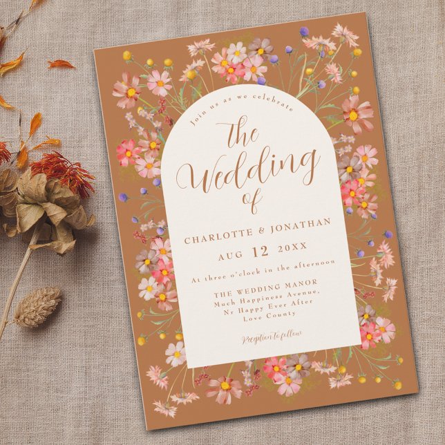 Convite Boho Outono Flores Silvestres Laranja Queimada Cas (Boho Wildflower arch fall burnt Orange terracotta wedding invitation with watercolor dried flowers)