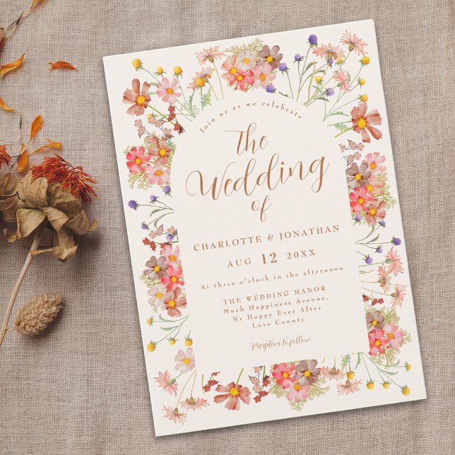 Convite Boho Outono Flores Silvestres Laranja Queimada Cas (Boho chic Wildflower arch burnt orange Wedding invitation elegant floral arch and script)