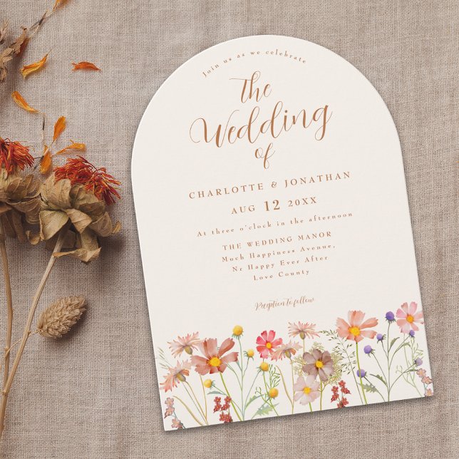 Convite Boho Outono Flores Silvestres Terracota Casamento (Boho fall wildflower country meadow wedding invitation with elegant script watercolor florals )