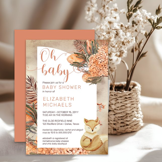 Convite Boho Palm Deixa Hydrangeas Fox Oh Chá de fraldas (Boho Palm Leaves and Hydrangeas Sleeping Fox "Oh Baby" Girl Baby Shower Invitation - Print | Digital)