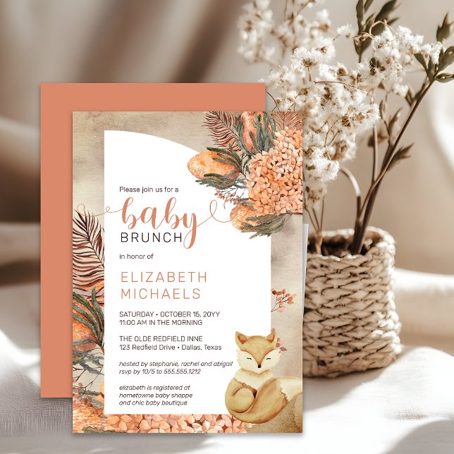 Convite Boho Palm Deixa Hydrangeas Girl Baby Brunch (Boho Palm Leaves and Hydrangeas Sleeping Fox Girl Baby Brunch Shower Invitation - Print | Digital)