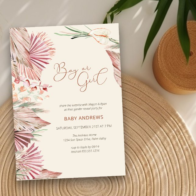Convite Boho Palm Dried Tropical Foliage Gênero Revelação (Neutral Gender Reveal Invitation with boho palm leaves)