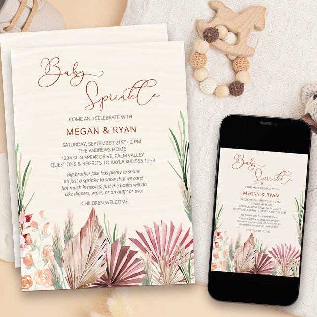 Convite Boho Palm Folhagem Seca Sprinkle de Bebê Rústico (Neutral and natural boho style baby sprinkle invitation with palms flowers and dried grass)