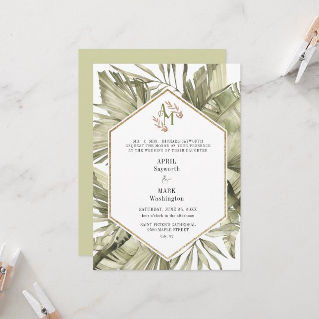 Convite Boho Palm Leaf Greenery Monograma Casamento (Frente/Verso In Situ)