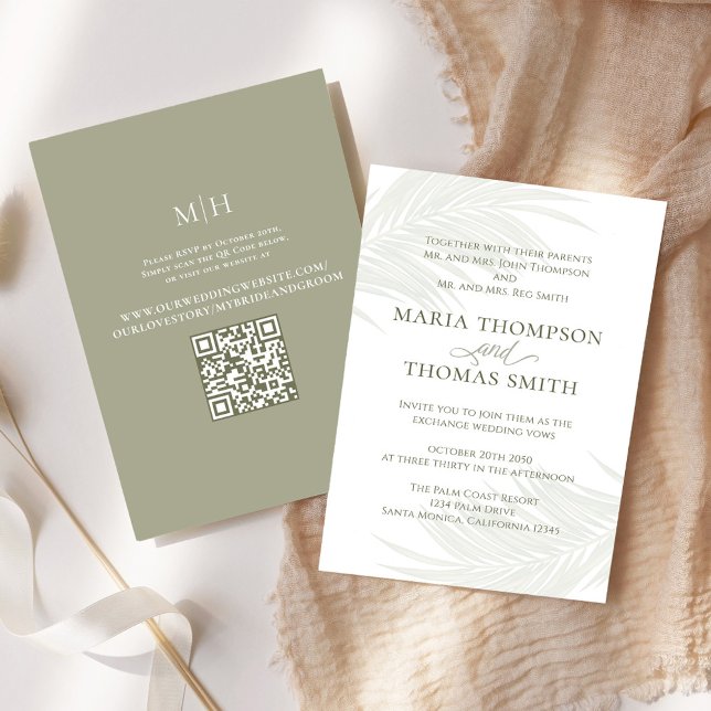 Convite Boho Palm Minimalista Deixa Casamento (Elegant Boho tropical palm leaves wedding invitation. With a scannable QR Code. )