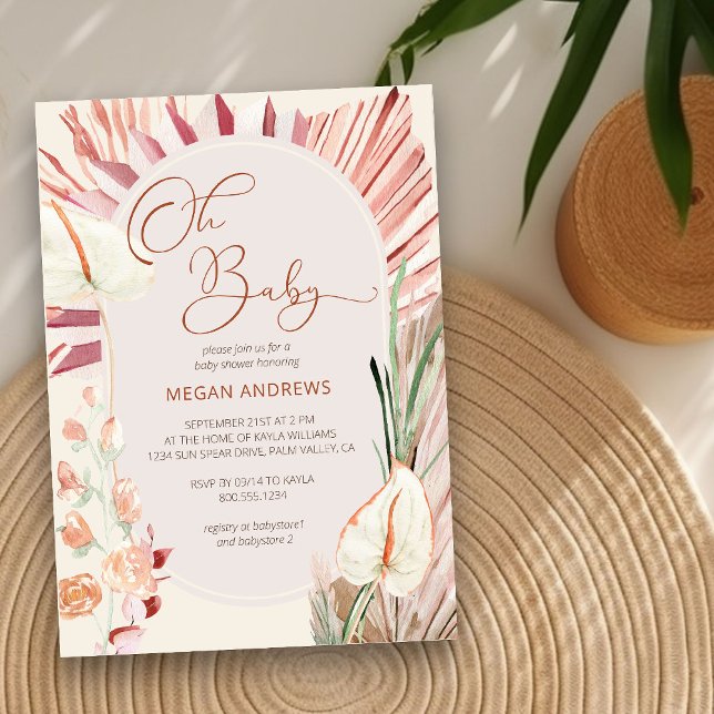 Convite Boho Palm Oh Chá de fraldas Russo De Folhagem Seca (Neutral Baby Shower Invitation with boho palm leaves)