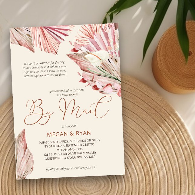 Convite Boho Palm Rustic Dried Foliage Chá de fraldas por  (Baby Shower by Mail Invitation with boho palm leaves)