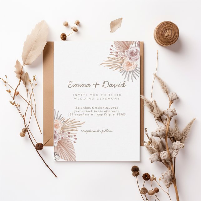 Convite Boho Pampas and Blush Rose Wedding Invitation (Criador carregado)