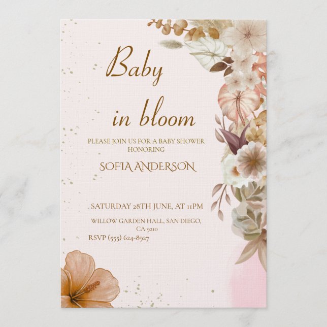Convite Boho Pampas Baby Shower Invitation ,Neutral Modern (Frente)