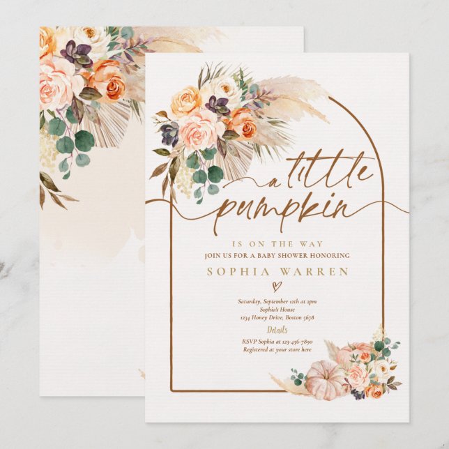 Convite Boho Pampas Chá de fraldas Terracotta (Frente/Verso)