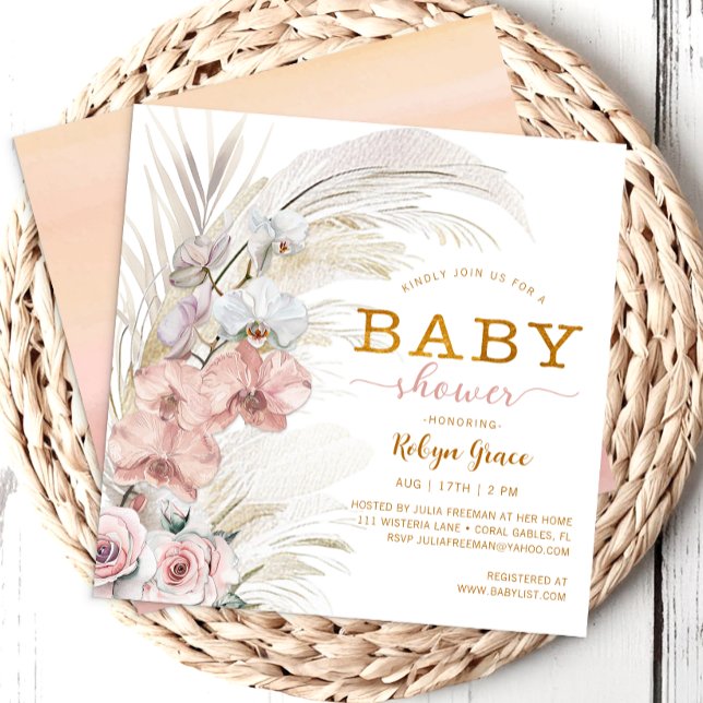 Convite Boho Pampas Chic Chá de fraldas Invite para Rapari (Pampas Grass & Floral Baby Shower)