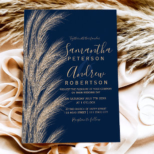 Convite Boho pampas dourado marinho azul casamento azul