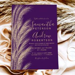 Convite Boho pampas dourado, relva, casamento roxo