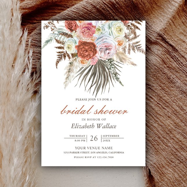 Convite Boho Pampas Earthy Floral Terracotta Bridal Shower (Criador carregado)
