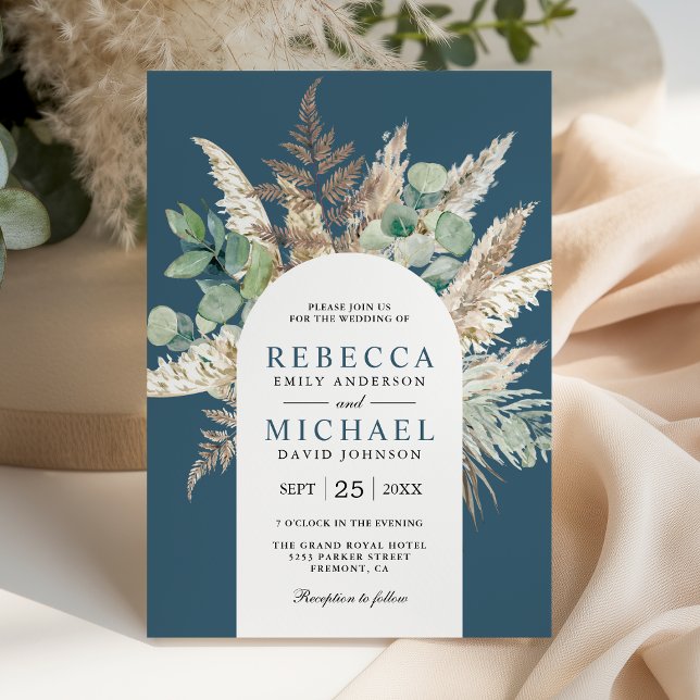 Convite Boho Pampas Eucalyptus Arch Dusty Blue Wedding (Criador carregado)