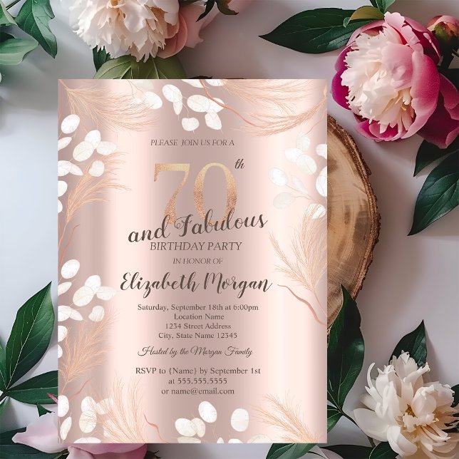 Convite Boho Pampas Flores Rosa Dourado 70 Aniversário (Criador carregado)