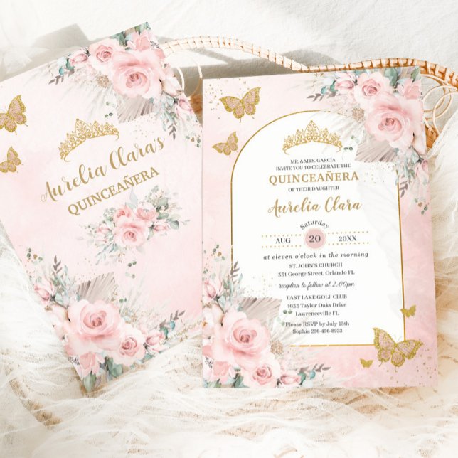 Convite Boho Pampas Grama Rosa Floral Quinceañera (Criador carregado)