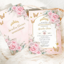 Convite Boho Pampas Grama Rosas Rosa Floral Quinceañera