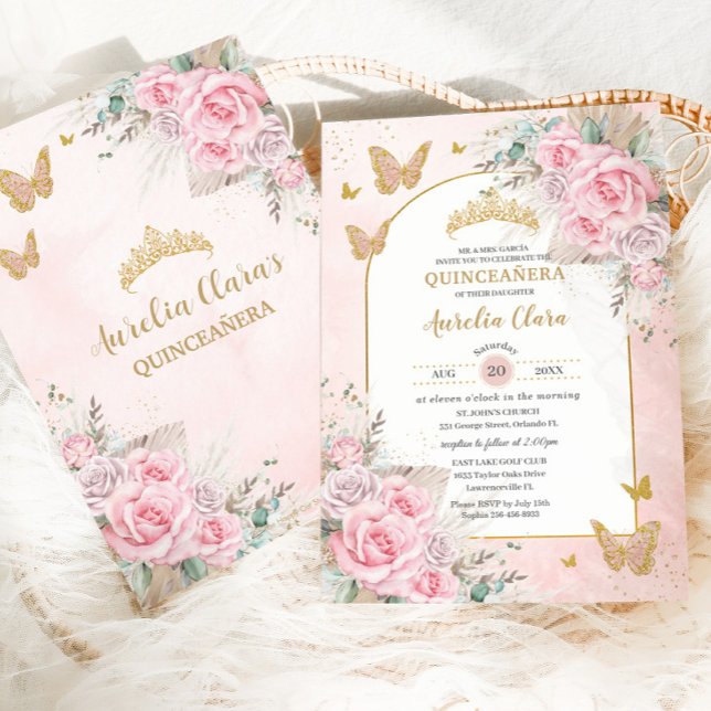 Convite Boho Pampas Grama Rosas Rosa Floral Quinceañera (Criador carregado)