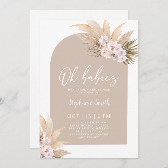 Convite Boho Pampas Grass Arch Chá de fraldas Twin Girls (Frente/Verso)