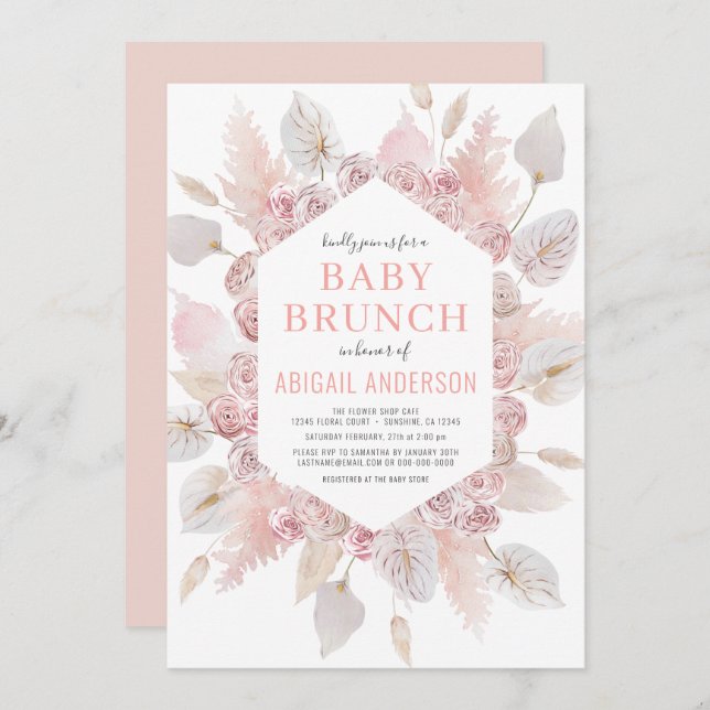 Convite Boho Pampas Grass Baby Brunch Elegante Blush Pink (Frente/Verso)