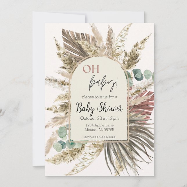 Convite Boho Pampas Grass Baby Shower Invitation | Neutral (Frente)