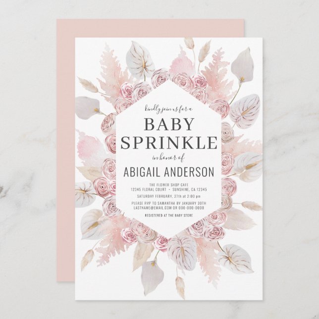 Convite Boho Pampas Grass Baby Sprinkle Elegante (Frente/Verso)